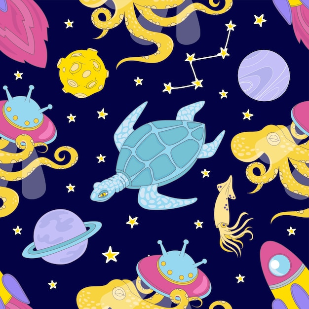 UNIVERSE Cartoon Space Sea  Seamless Pattern