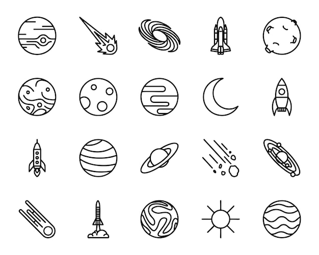 Universe celestial bodies rocket launching astronomy and more thin line icons set Cosmo Space