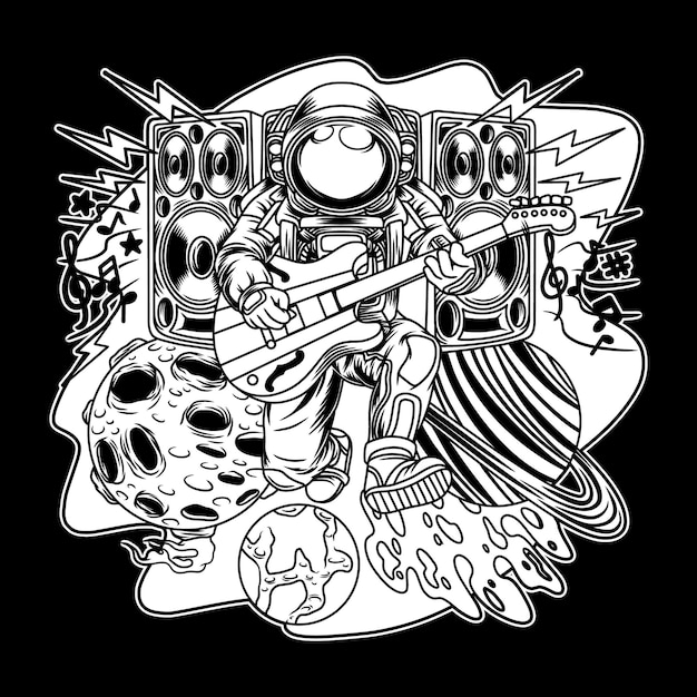 Vector universe rocker astronaut black and white illustration