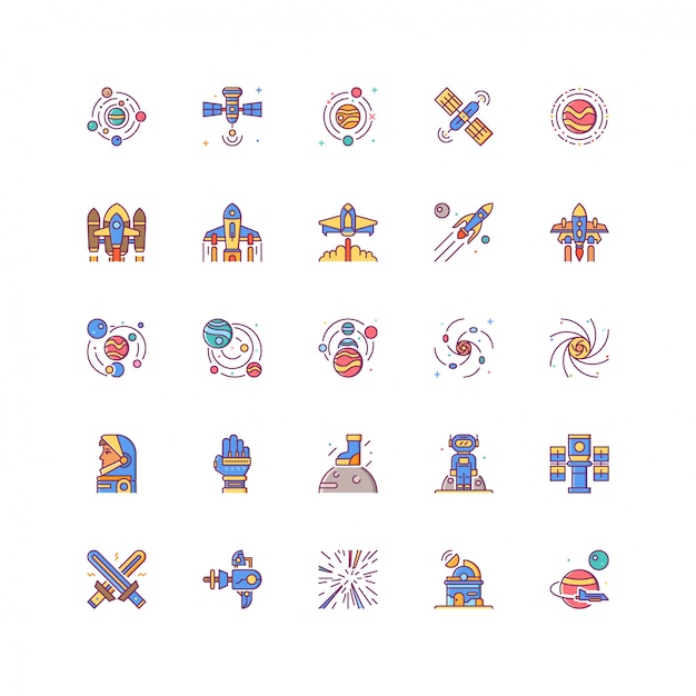 Vector universe space icon set with filled colored line isolated