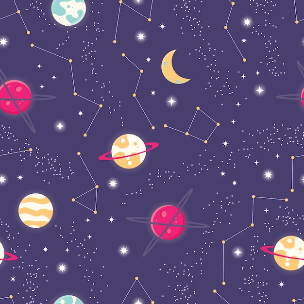 Vector universe with planets and stars seamless pattern