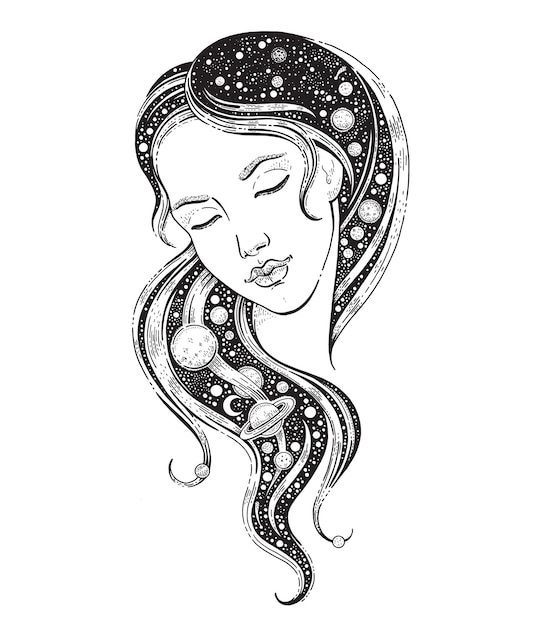 Universe woman with galaxy in her hair with moon star sky