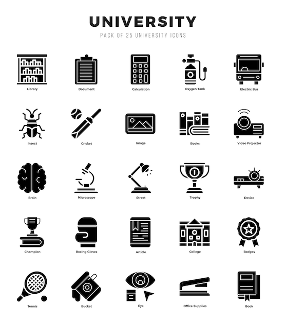 Universiteitspictogrammen bundel Glyf stijl pictogrammen Vector illustratie