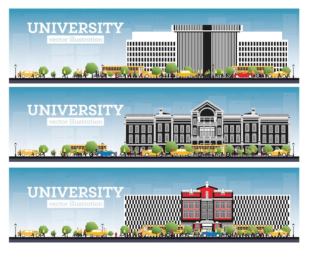 Vector university campus set study banners vector illustration students go to the main building of university