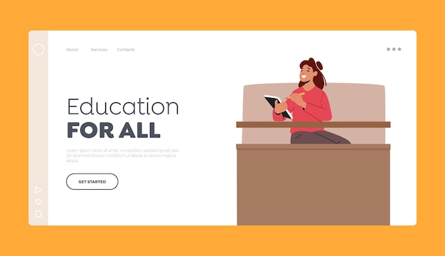 Vector university education landing page template young woman sitting at desk with notepad in university hall making notes