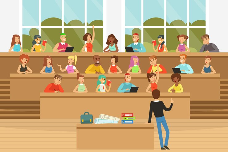 Vector university education with professor at table and students vector illustration