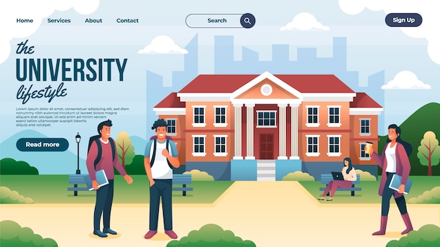 Vector university hand drawn cartoon landing page