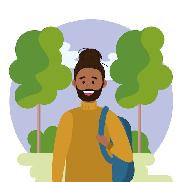 University man with backpack and trees with bushes