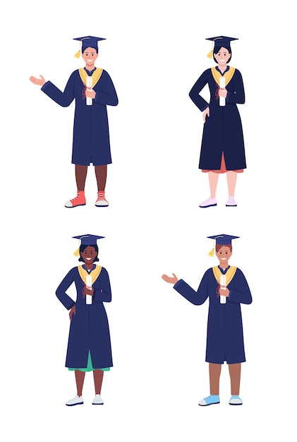 Vector university and school graduates semi flat color vector characters set