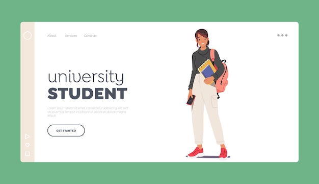 Modello di pagina di destinazione per studenti universitari personaggio ragazza con libri ritrae un'illustrazione vettoriale entusiasta dello studente