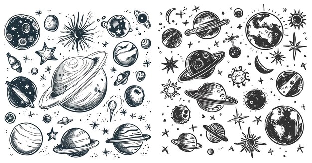 Universum ruimte planeten vector illustratie iconen set Celestial doodle maan en zon tekening universum kosmisch