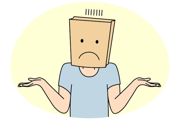 Unknown person with paper bag on hand feel confused and frustrated Man or woman with package with face expression feeling doubts Vector illustration