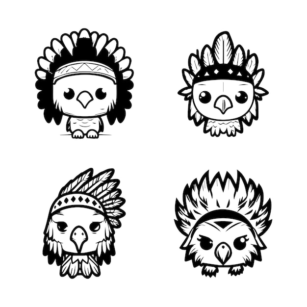 Unleash your inner warrior with our cute kawaii eagle head logo wearing Indian chief accessories col