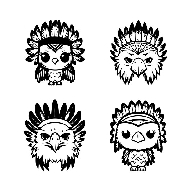 Unleash your inner warrior with our cute kawaii eagle head logo wearing Indian chief accessories