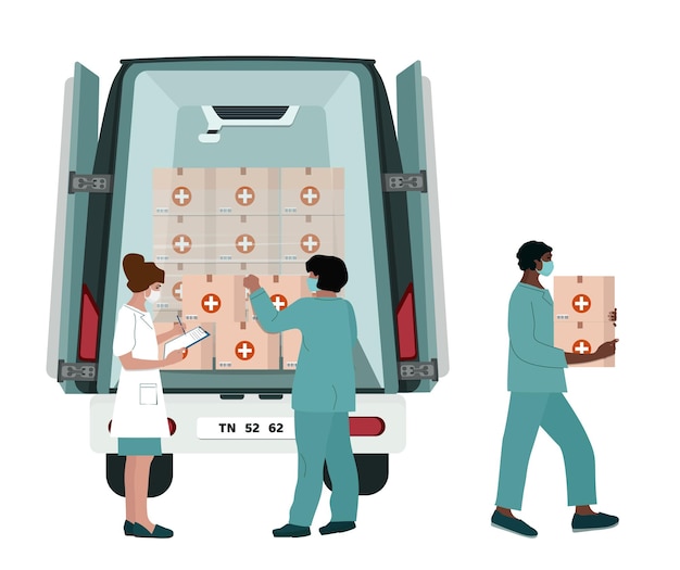 Scaricare un'auto con medicinali. consegna di farmaci alle istituzioni mediche