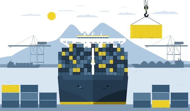 Vector unloading a container ship in the port vector illustration