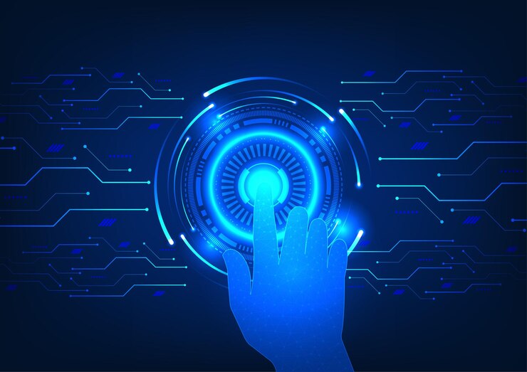 Vector unlock the power of technology for business and wellbeing against a backdrop of blue tones