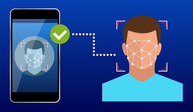 Unlocking smartphone with biometric facial identification, biometric identification, facial recognition system concept. Vector illustration for business, infographic, banner.