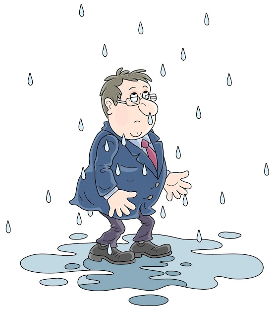 Vector unlucky, sad and wet man without an umbrella standing in a puddle on a rainy day for failure