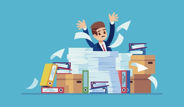 Vector unorganized office work accounting paper documents folders and boxes piles man sitting at table with heaps of paper sheets ineffective workflow unfinished job time management vector flat concept