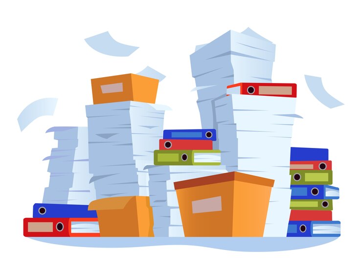 Vector unorganized paperwork. paper documents stack, office work documentation disarray cartoon illustration