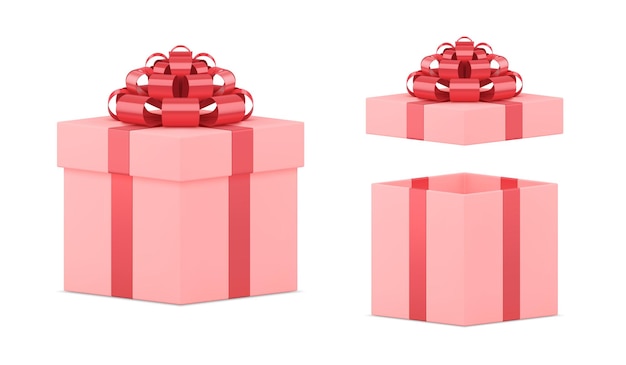 Unpacking girlish festive pink gift box with red bow ribbon d template realistic vector