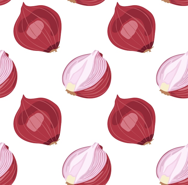 Unpeeled red onion and its peeled half Seamless pattern in vector