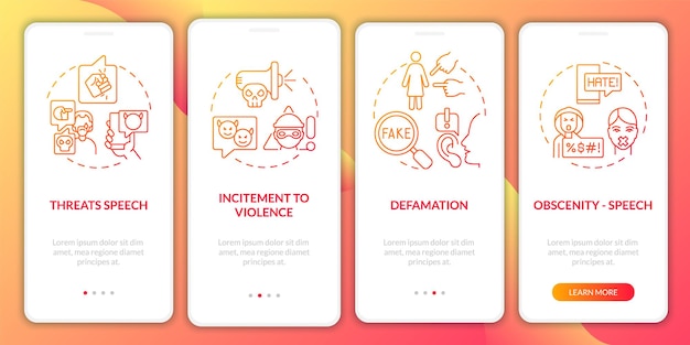 Unprotected expression types onboarding mobile app page screen. Obscenity speech walkthrough 4 steps graphic instructions with concepts. UI, UX, GUI vector template with linear color illustrations