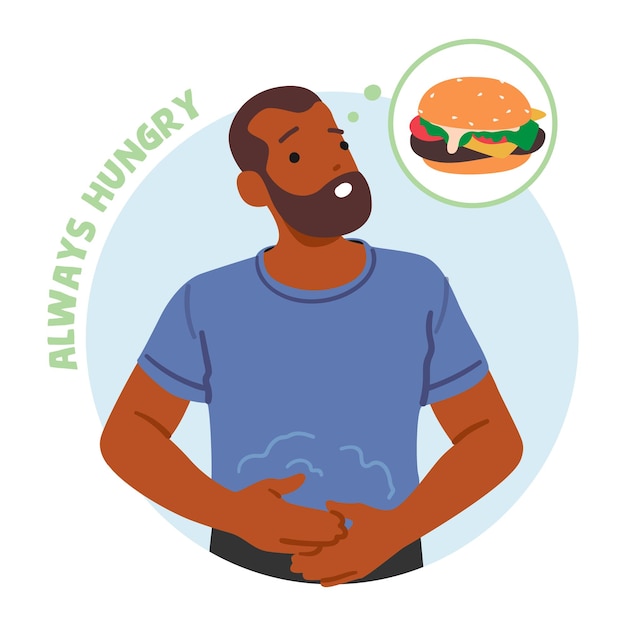 Unrelenting Hunger Common Symptom Of Diabetes Male Character Constantly Feel The Need To Eat Vector Illustration