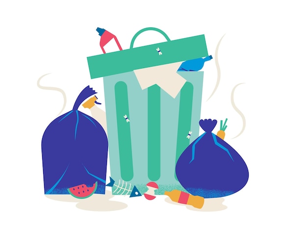 Vector unsorted trash cartoon metal container with garbage overflowing dumpster and rubbish bag piles of plastic and paper waste stinking dump littered dirty city vector illustration