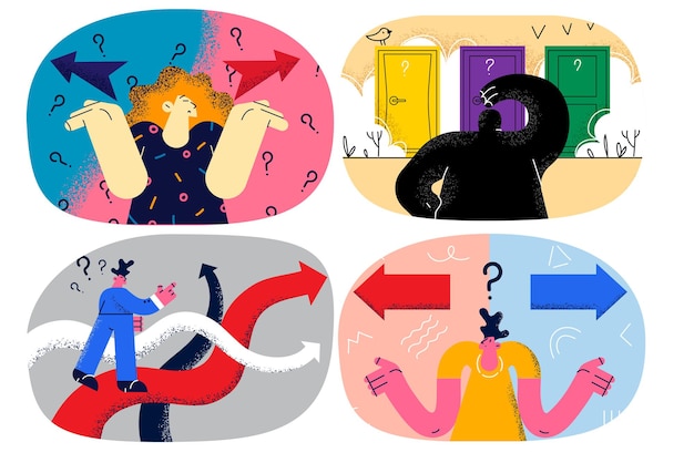 unsure people feel confused choose decide stressed making solution or decision. frustrated businesspeople confused have dilemma finding right business option. risk and doubt. vector illustration. set.