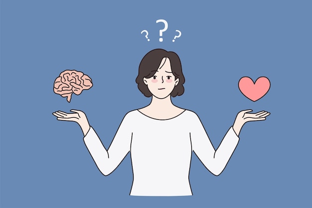 Unsure woman choose between brain and heart