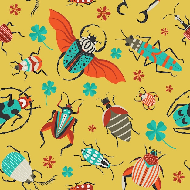 Unusual bugs and exotic beetles seamless pattern