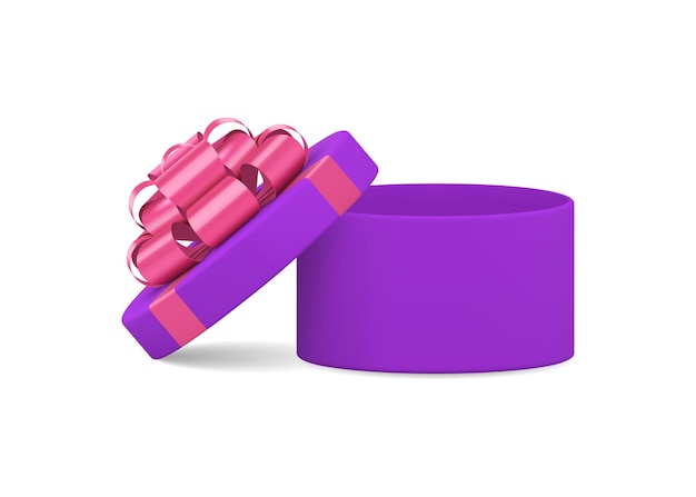 Unusual neon purple festive rounded gift box pink bow luxury decorative design 3d realistic vector