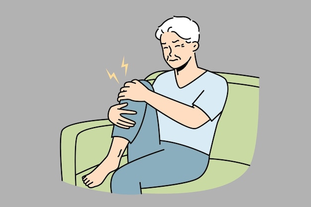 Unwell elderly grandfather suffer from knee pain
