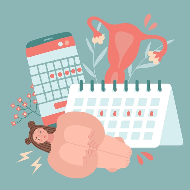 Unwell girl suffering from stomachache abdominal pain during periods Female period problems Woman painful having menstruation on background of big calendar Flat vector illustration