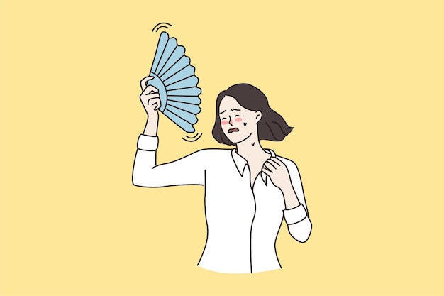 Unwell woman wave with hand fan suffer from hot weather