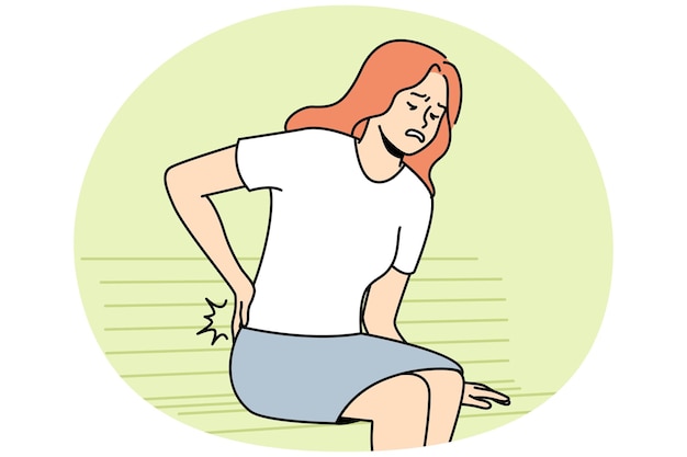 unwell young woman sit on bench struggle with backache unhealthy female stand up suffer from back pain or rheumatism vector illustration