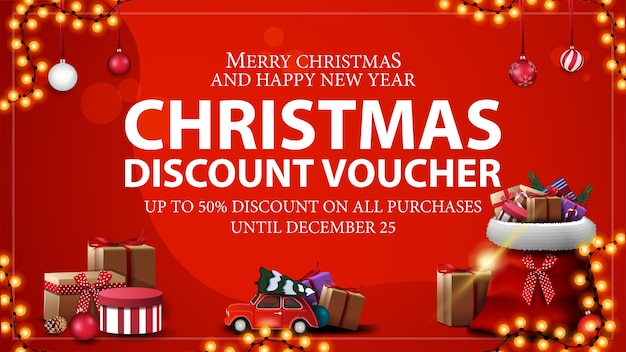 Up to 50 off on all purchases, red Christmas discount voucher with Santa Claus bag with presents and red vintage car carrying Christmas tree