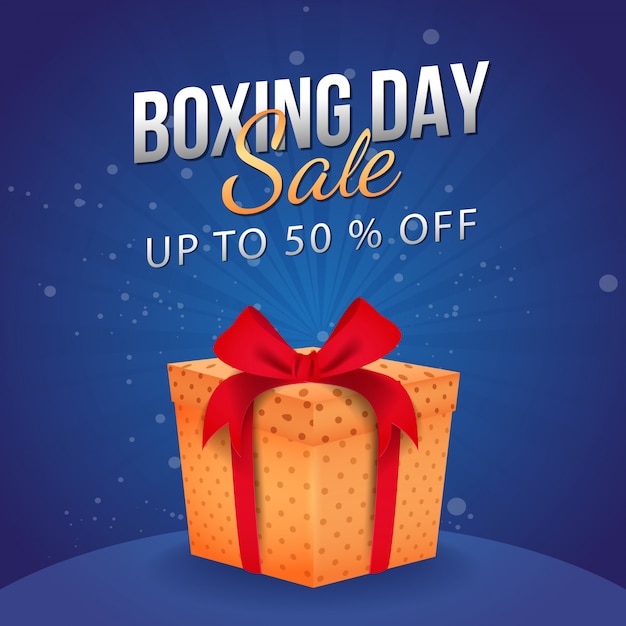 Up to 50% off for boxing day sale, advertising banner with gift box.