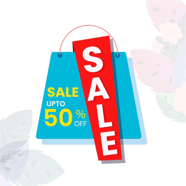 Up to 50% off for sale poster design with shopping bag illustration.