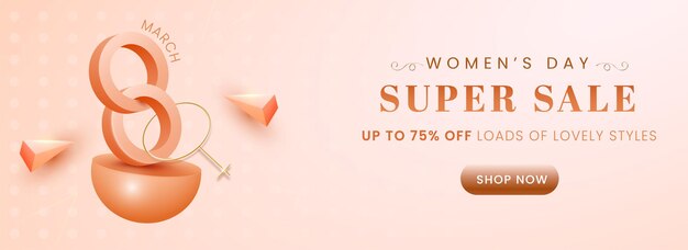 Vector up to 75% off for women's day super sale banner or header design with 3d 8 number of march, golden female gender symbol.