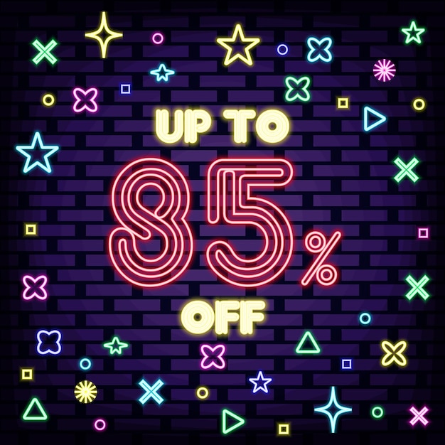 Up to 85 off sale Badge in neon style On brick wall background Neon text