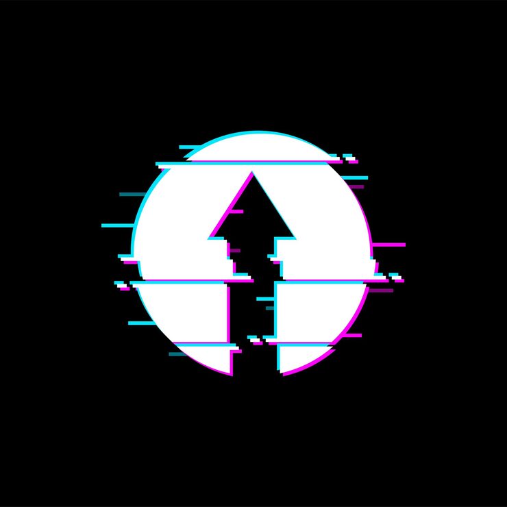 Vector up arrow button with glitched effect in digital noise circle isolated pointer web navigation design element vector next or above sign cursor with display malfunction signal loss or glitched screen