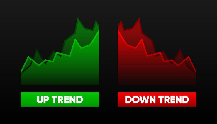 Vector up and down trend with arrows stock exchange concept trader profit and loss arrows symbolizing