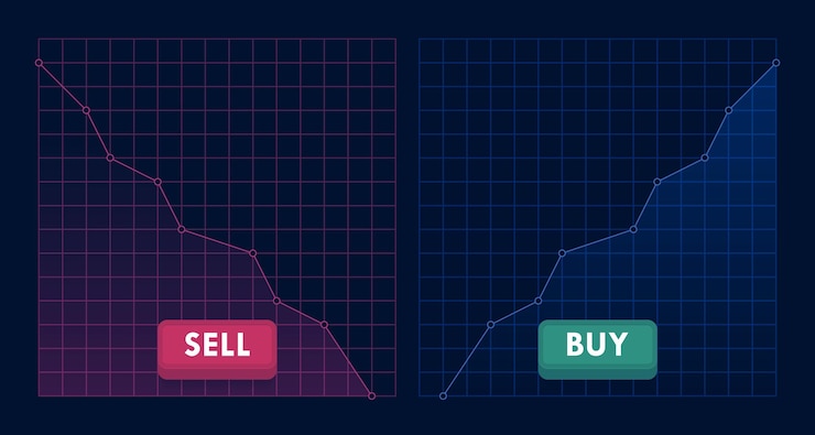 Vector up and down trend with graph on dark background falling and rising graph with buy and sell buttons