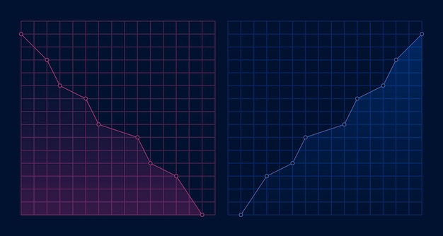 Вверх и вниз тренд с графиком изолированным на темном фоне падающий и восходящий график фондовой биржи