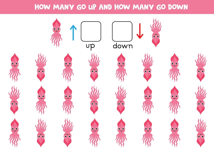 Vector up or down with cute cartoon squid educational game to learn up and down