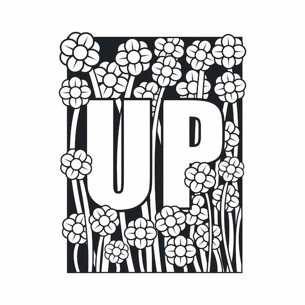 Up font with flowers element. hand drawn with inspiration word. coloring for adult and kids.