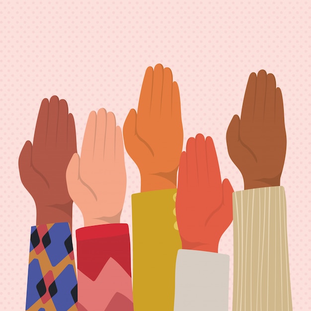 Vector up hands with closed palm of different types of skins design, diversity people multiethnic race and community theme